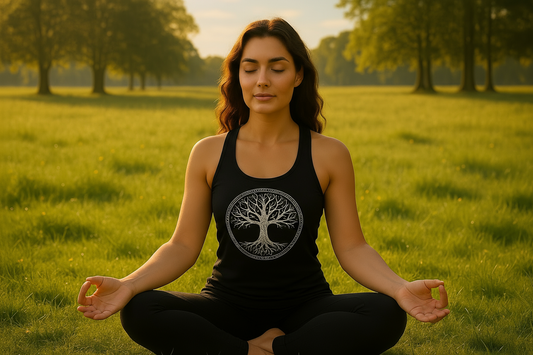 woman meditating in sunny meadow wearing tree of life tank top