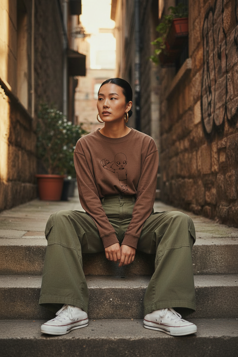 alleyway model brown tee with xtra alien graphic