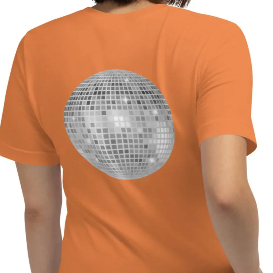 model is wearing our classic orange discoball retro comfort tee