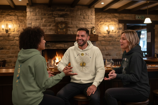 fun bar table of friends enjoying apres by the fire