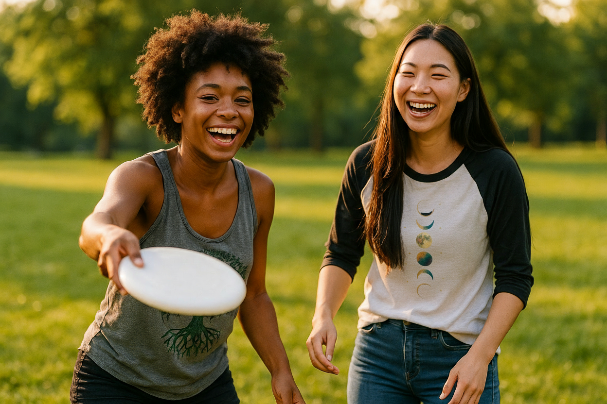friends playing frisbee, one is wearing our moon phases baseball tee, and the other is wearing our tree of life tank