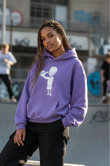 20 year old girl in boxy cropped purple xtra hoodie