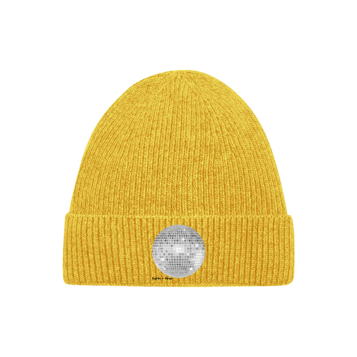 Yellow beanie with a disco ball on a white background