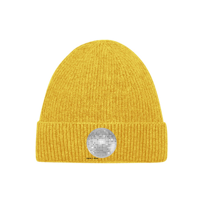 Yellow beanie with a disco ball on a white background