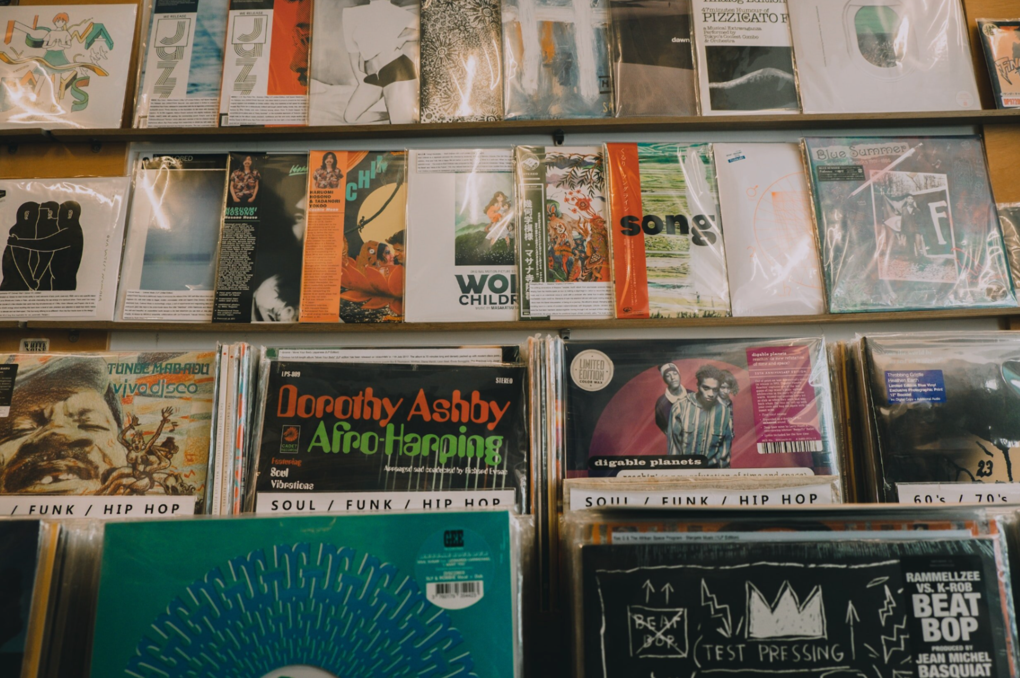 Vinyl records on a shelf