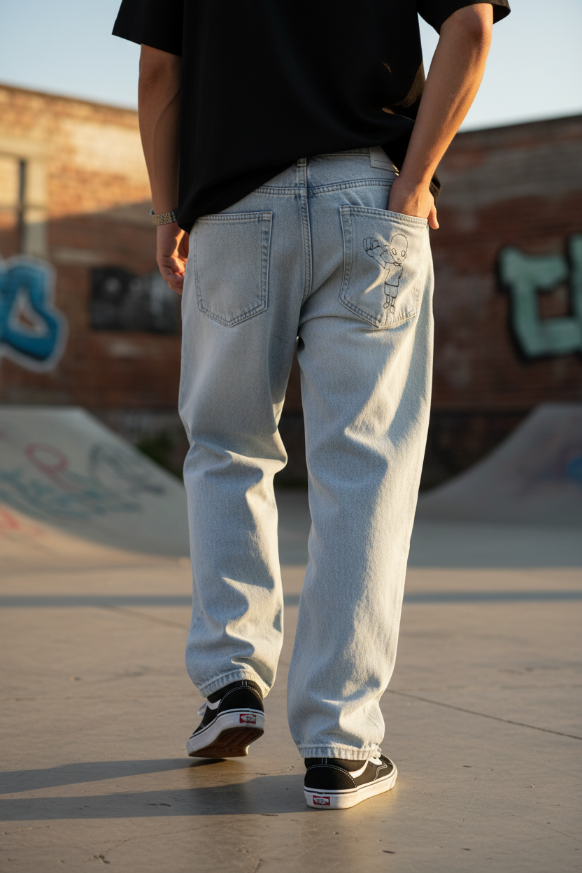 Back view of model wearing xTra acid wash baggy jeans with skater shoes