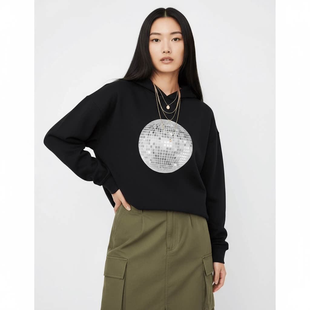 gorgeous natural beauty of a model wearing our iconic discoball hoodie, and a big ol' discoball at that! thanks for supporting funk+fina boo
