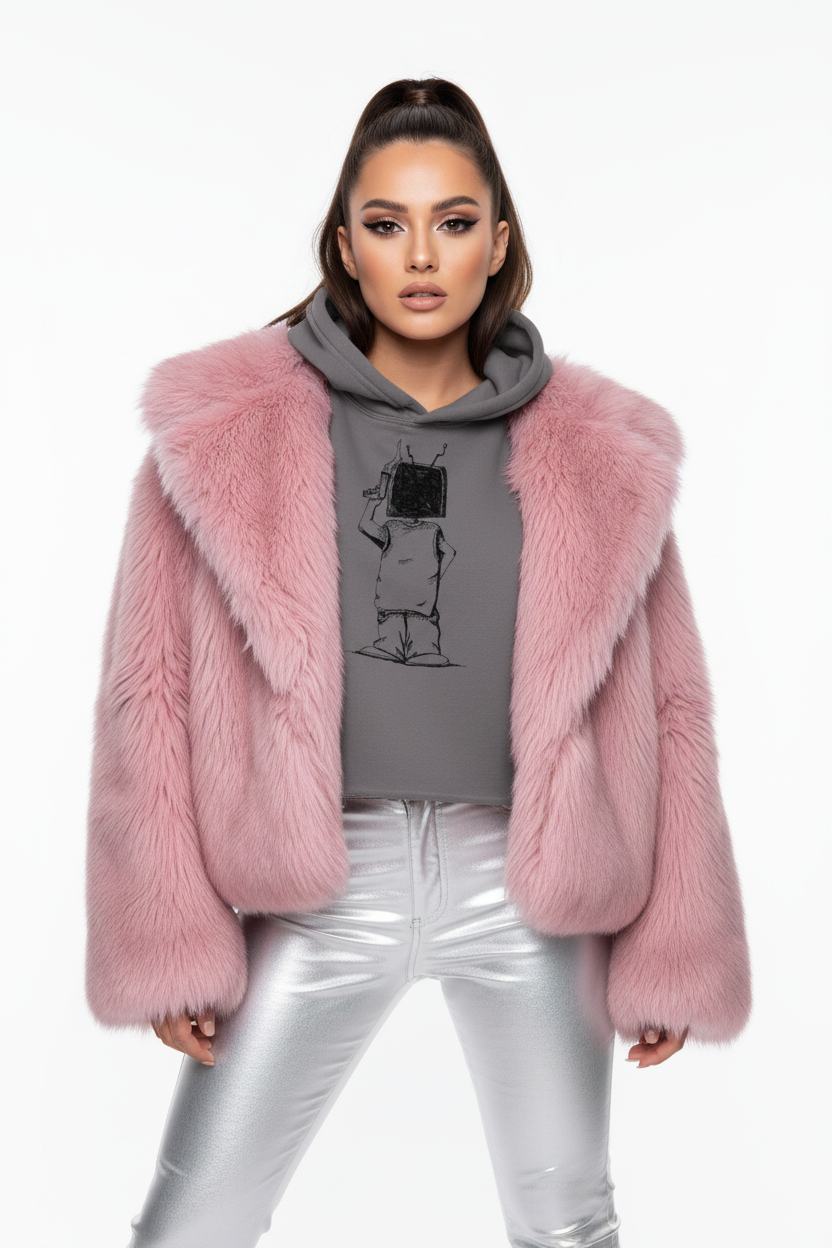Fashion editorial with face visible, storm grey le freaq hoodie and pink fur