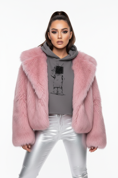Fashion editorial with face visible, storm grey le freaq hoodie and pink fur
