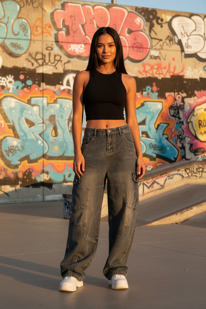 Female model facing front wearing xTra multi-pocket baggy jeans at skate park