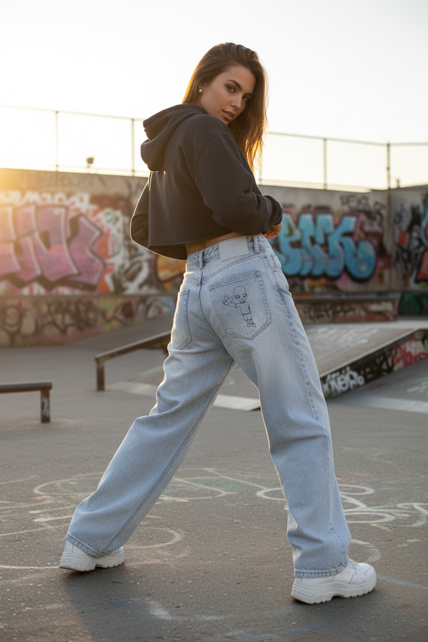 Female model turning right showing xTra on back right pocket at skate park