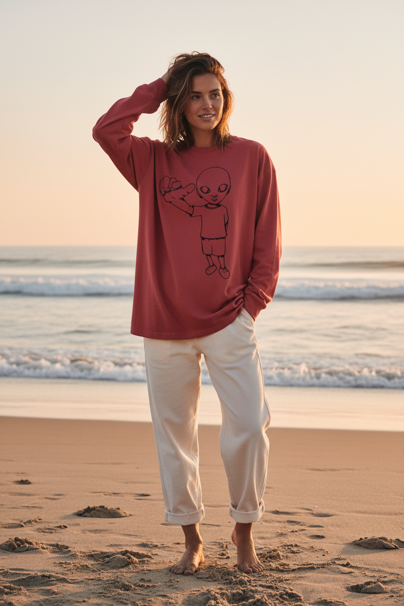 Female model wearing watermelon red xTra heavyweight long sleeve tee at the beach