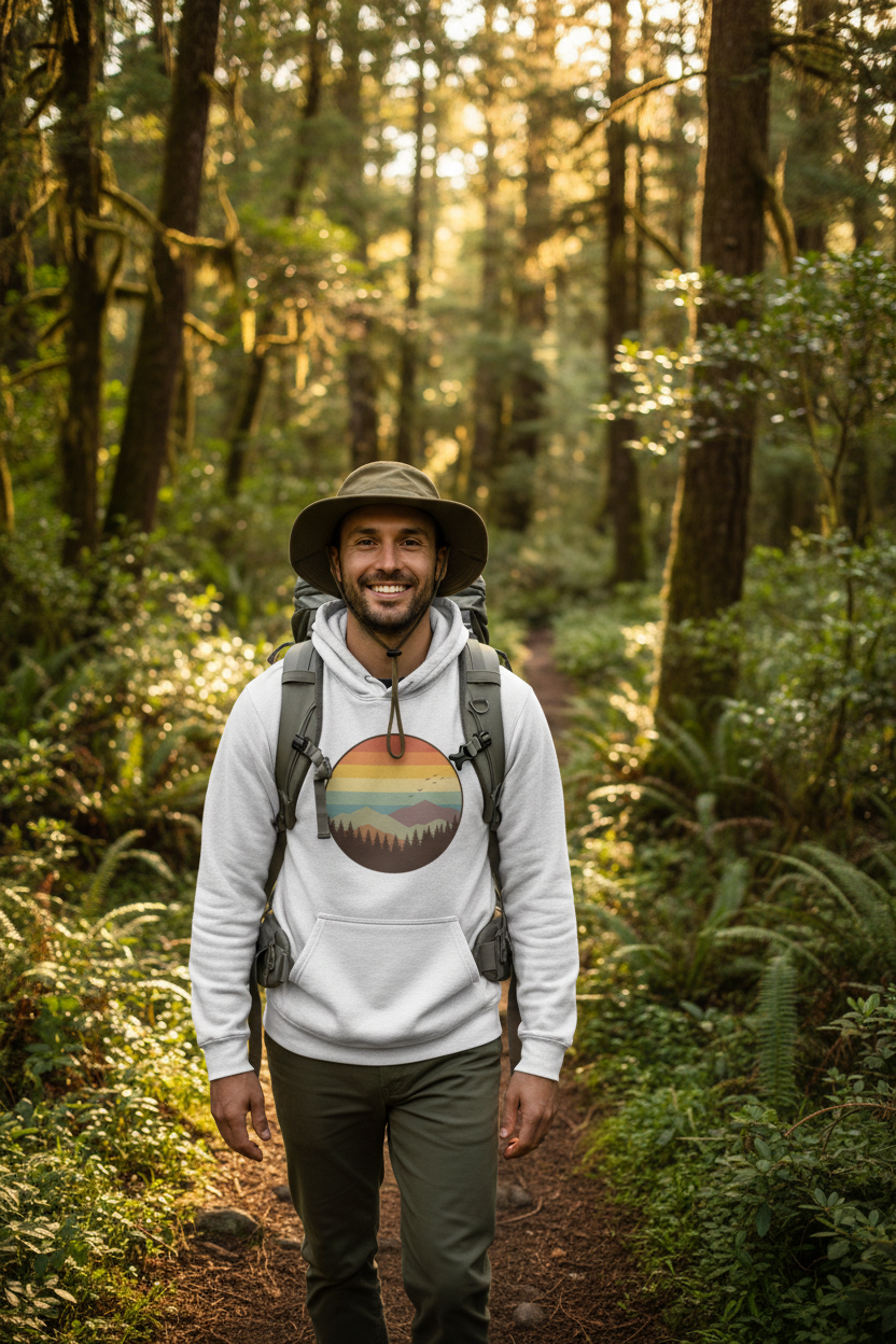 fun camper hoodie on forest hiker