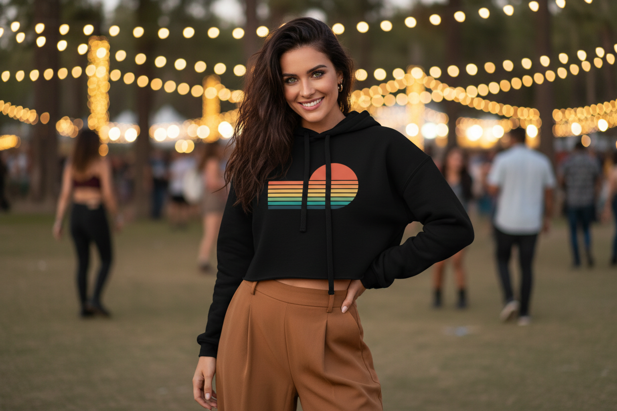 green eyes brunette european woman - black sunset crop hoodie - festival