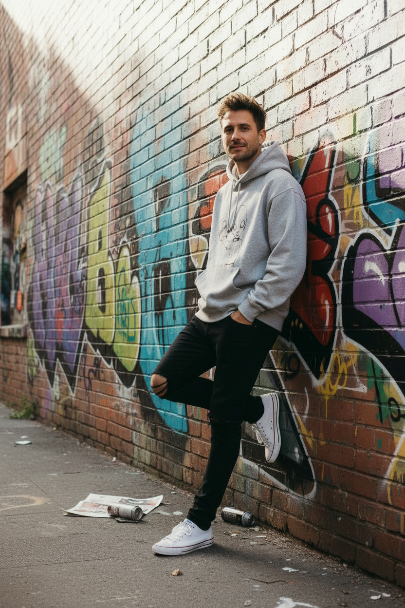 mark in grey hoodie against graffiti wall