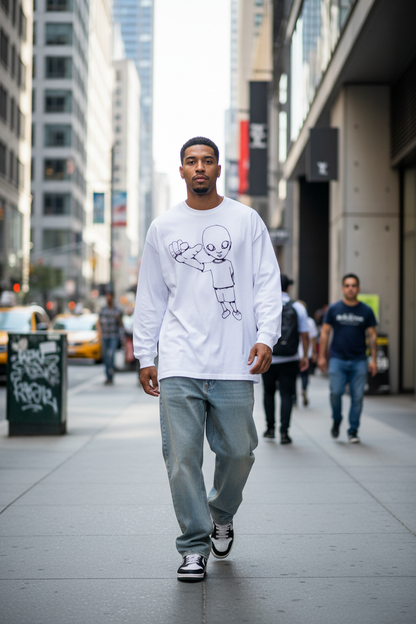 Guy walking down city street wearing white xTra heavyweight long sleeve tee