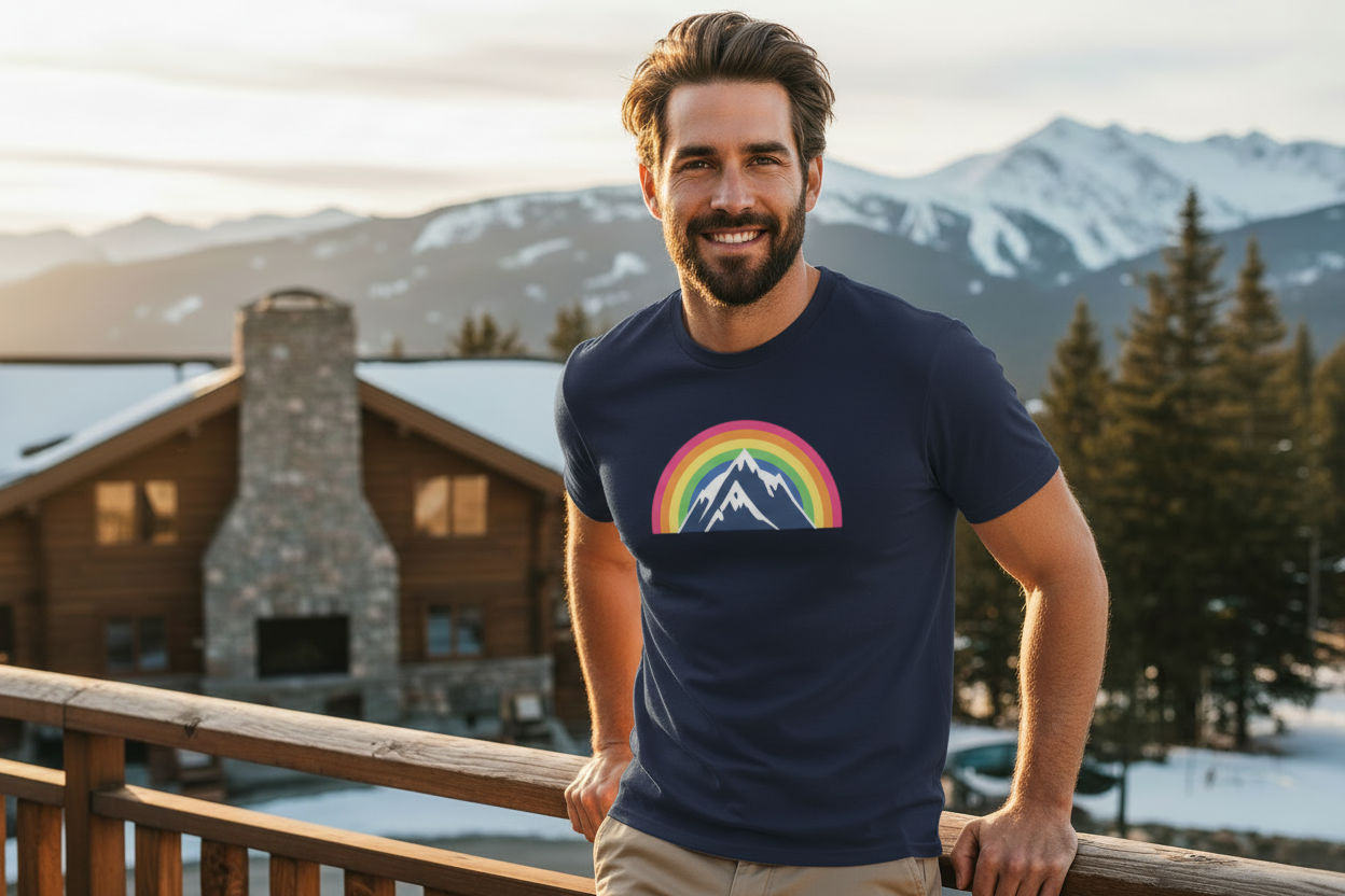 Male model wearing navy blue rainbow mountain tee at mountain lodge