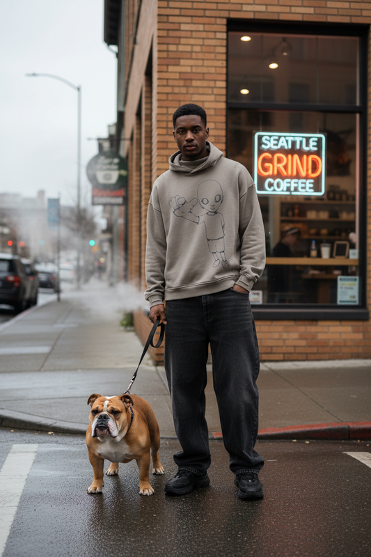 Man in grey xtra turtle hoodie with English bulldog in Seattle urban setting