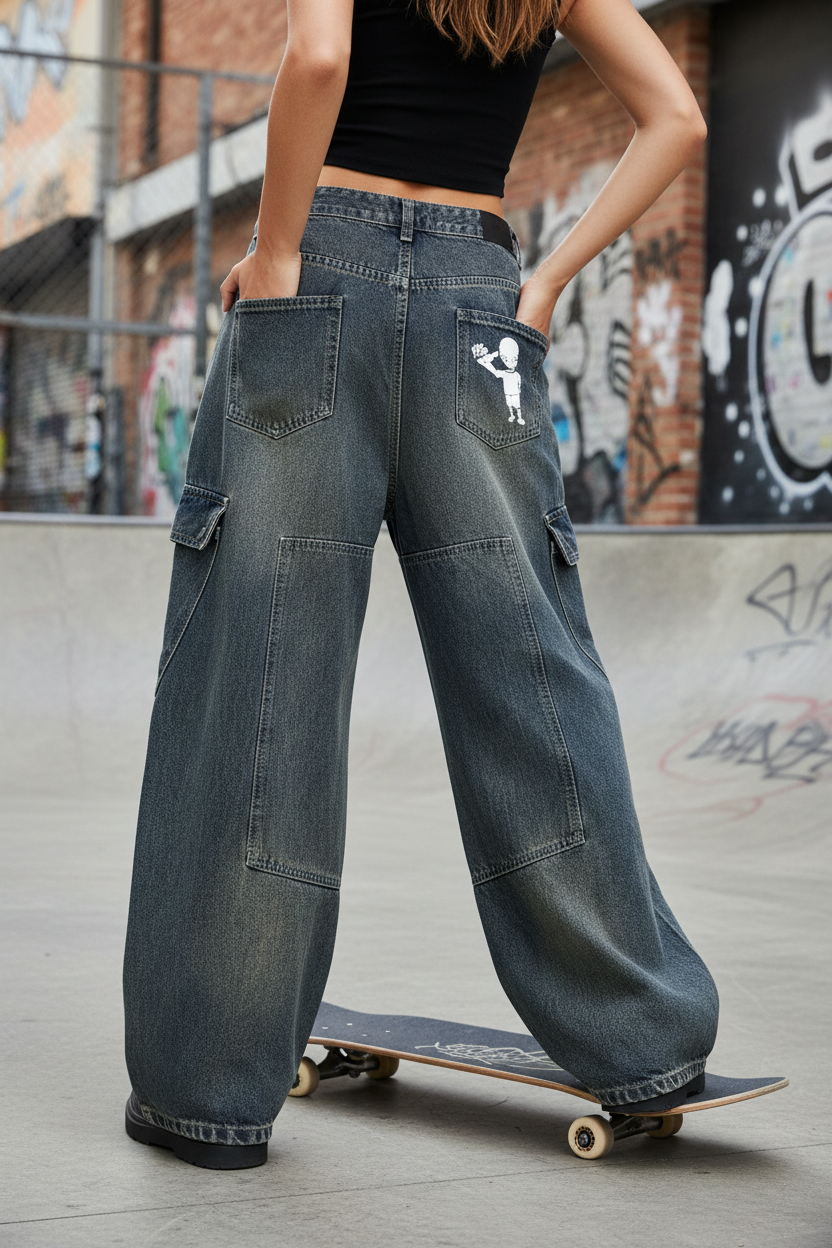 model in baggy dark wash xtra cargo jeans