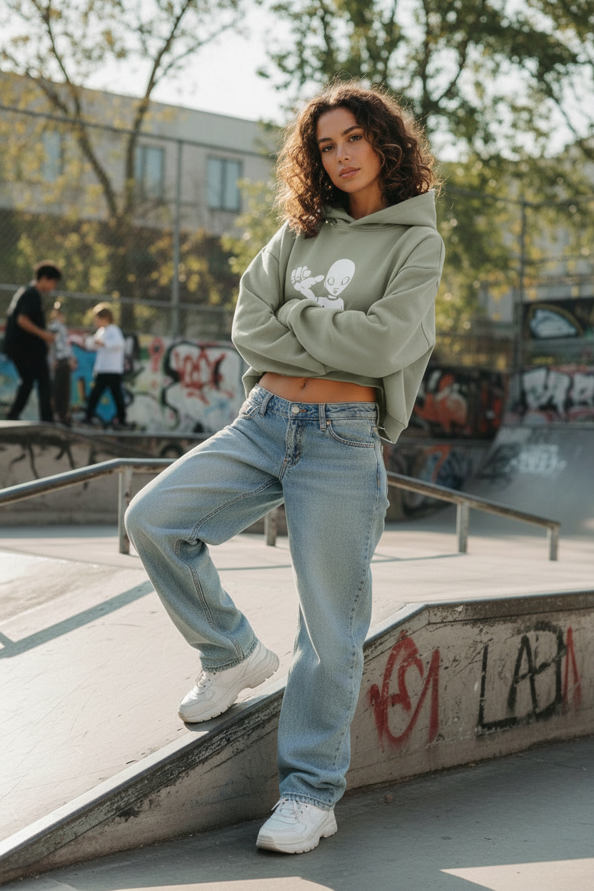 model in shorter sage green boxy xtra hoodie