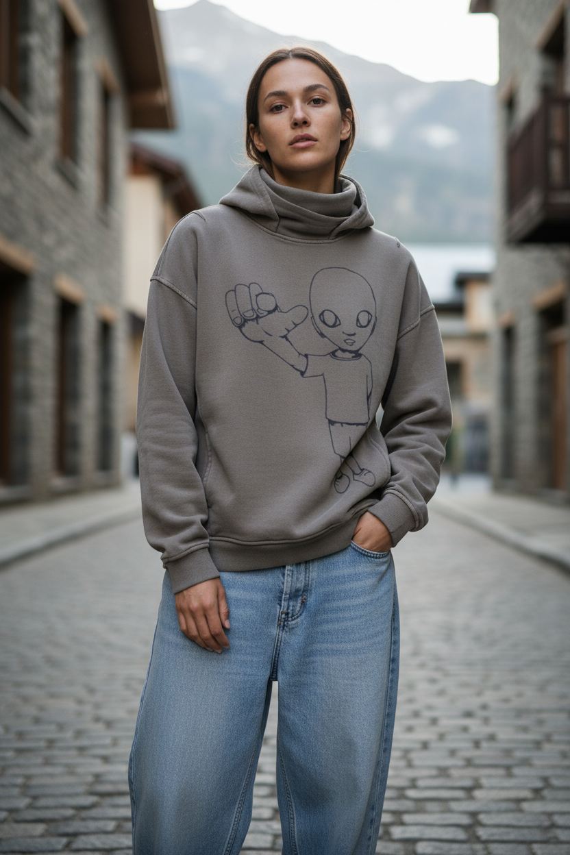 Model wearing grey xtra turtle hoodie with baggy jeans