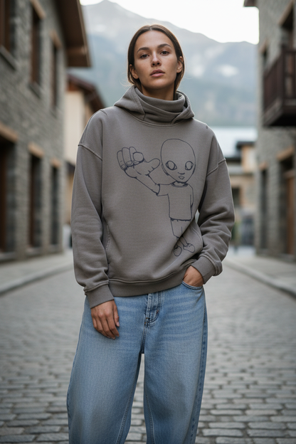 Model wearing grey xtra turtle hoodie with baggy jeans