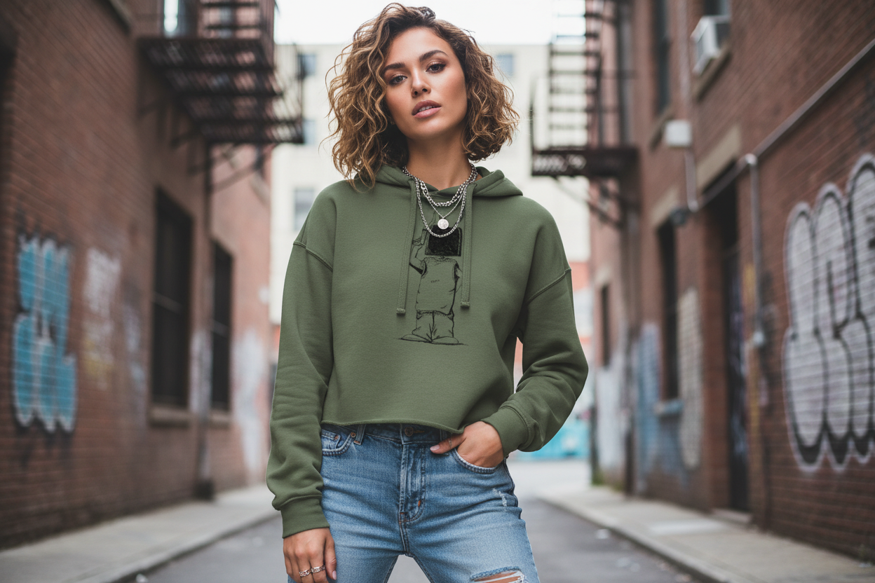 Model wearing military green le freaq crop hoodie