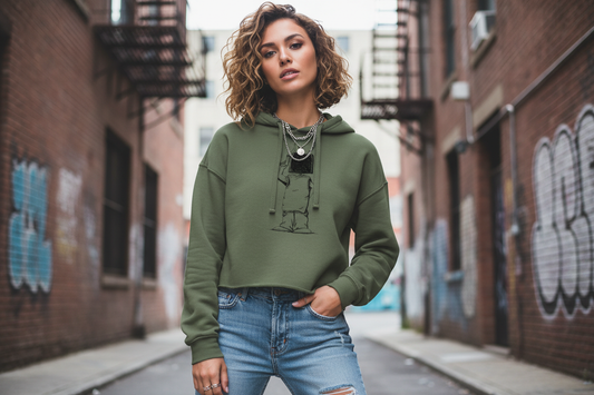 Model wearing military green le freaq crop hoodie