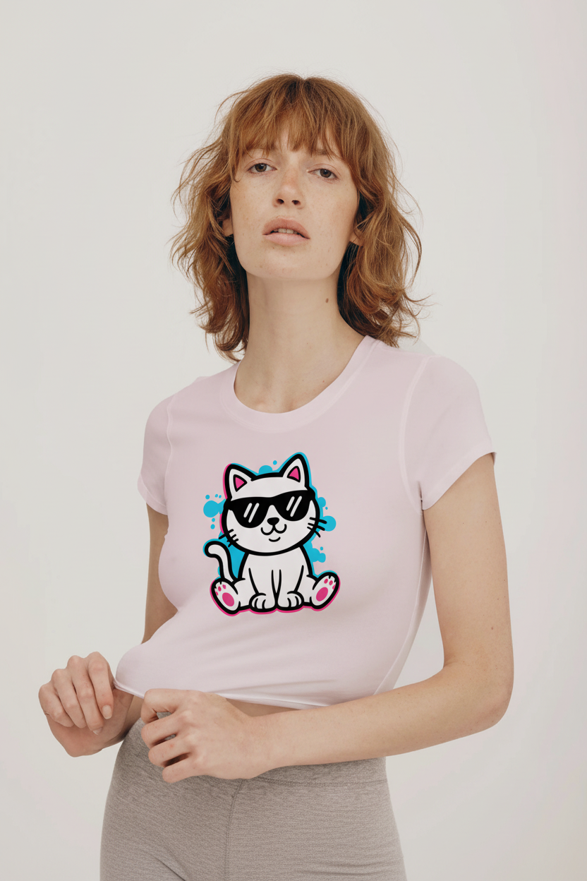 Model wearing xtra kitti baby tee