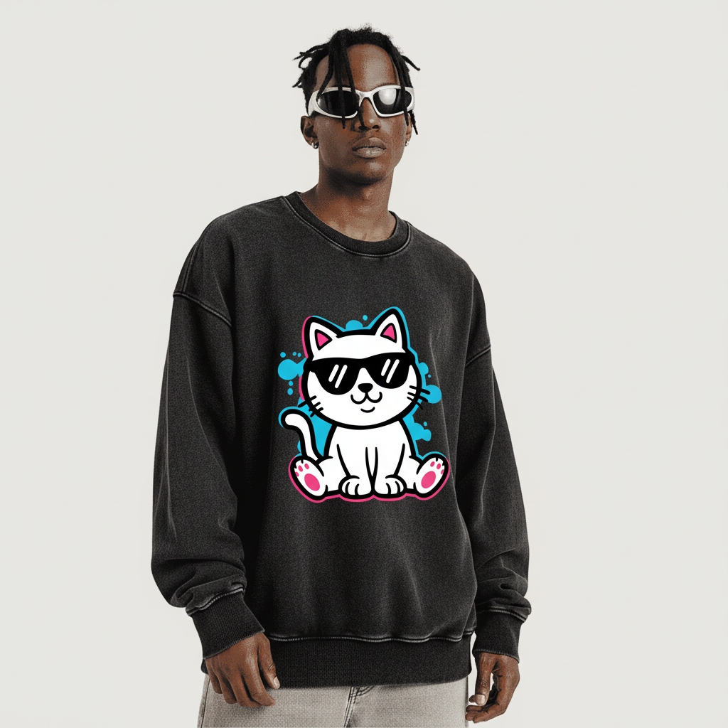 Model wearing xtra kitti sweatshirt - bigger design centered lower