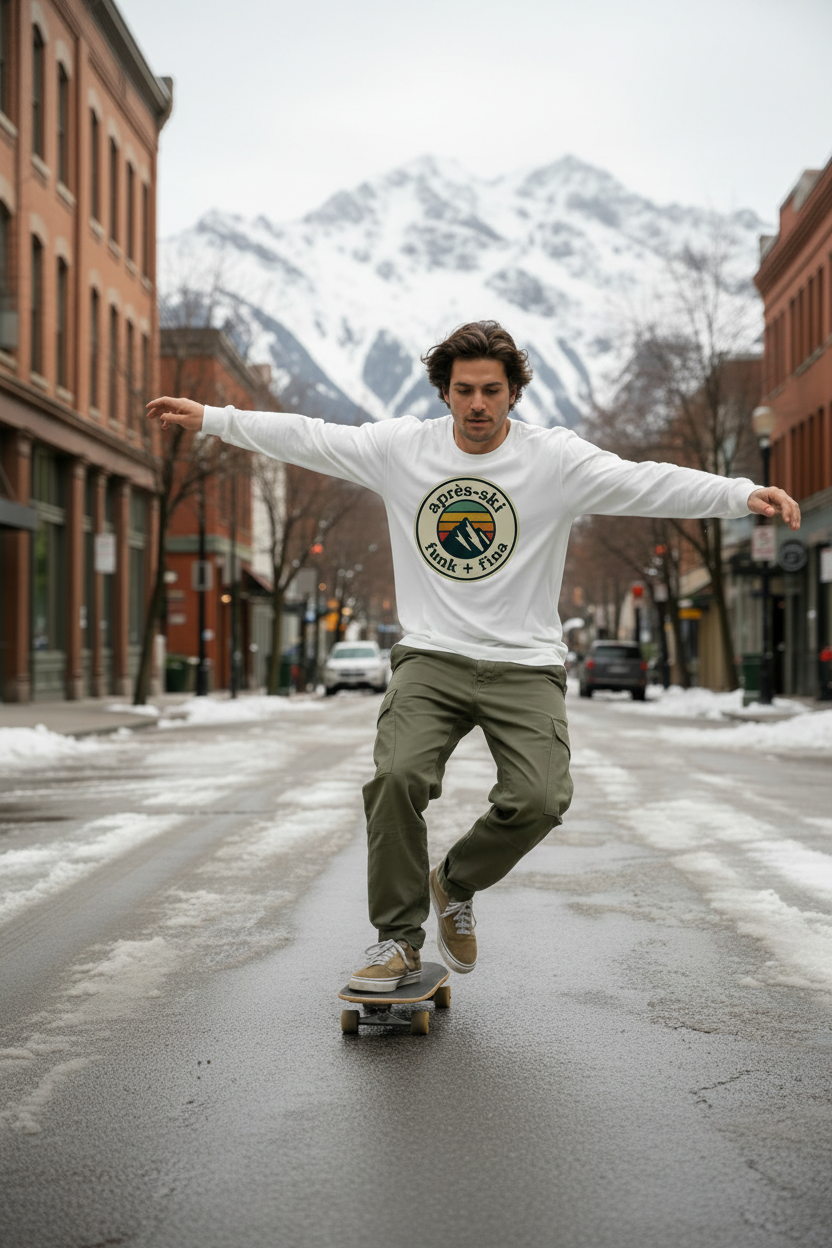 Skateboarding model with après-ski logo