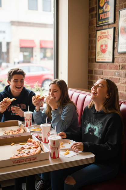anna wearing black tv dude crop hoodie in pizza parlour booth with friends