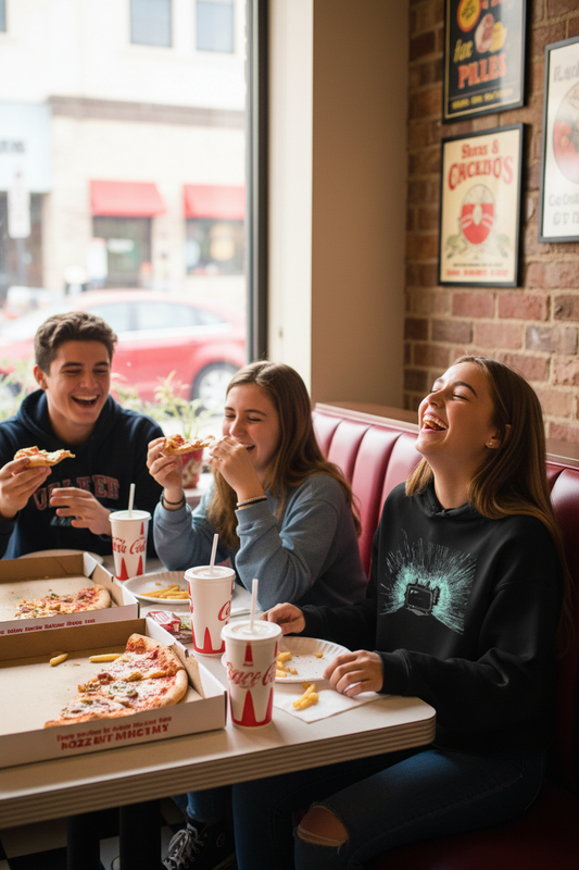 anna wearing black tv dude crop hoodie in pizza parlour booth with friends