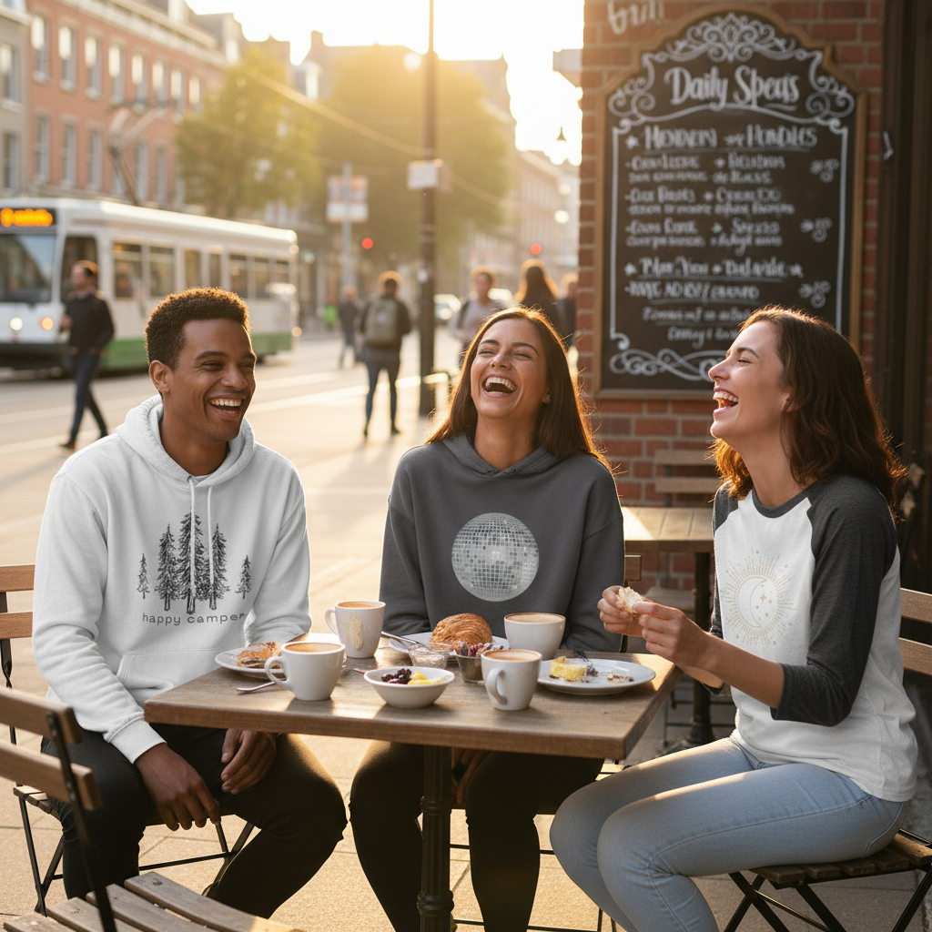 three friends at cafe wider shot - discoball crop hoodie, forest hoodie, half moon baseball tee