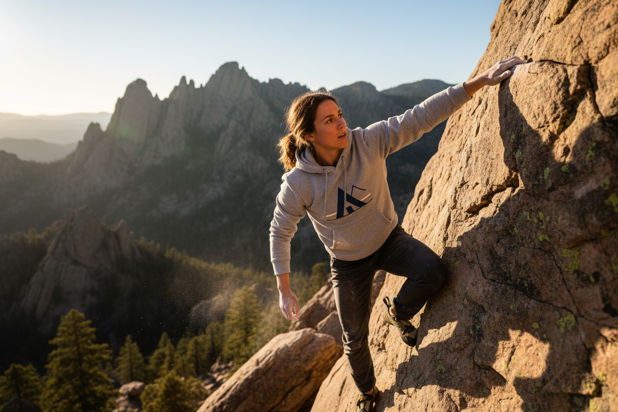 Woman climbing wearing A-frame hoodie