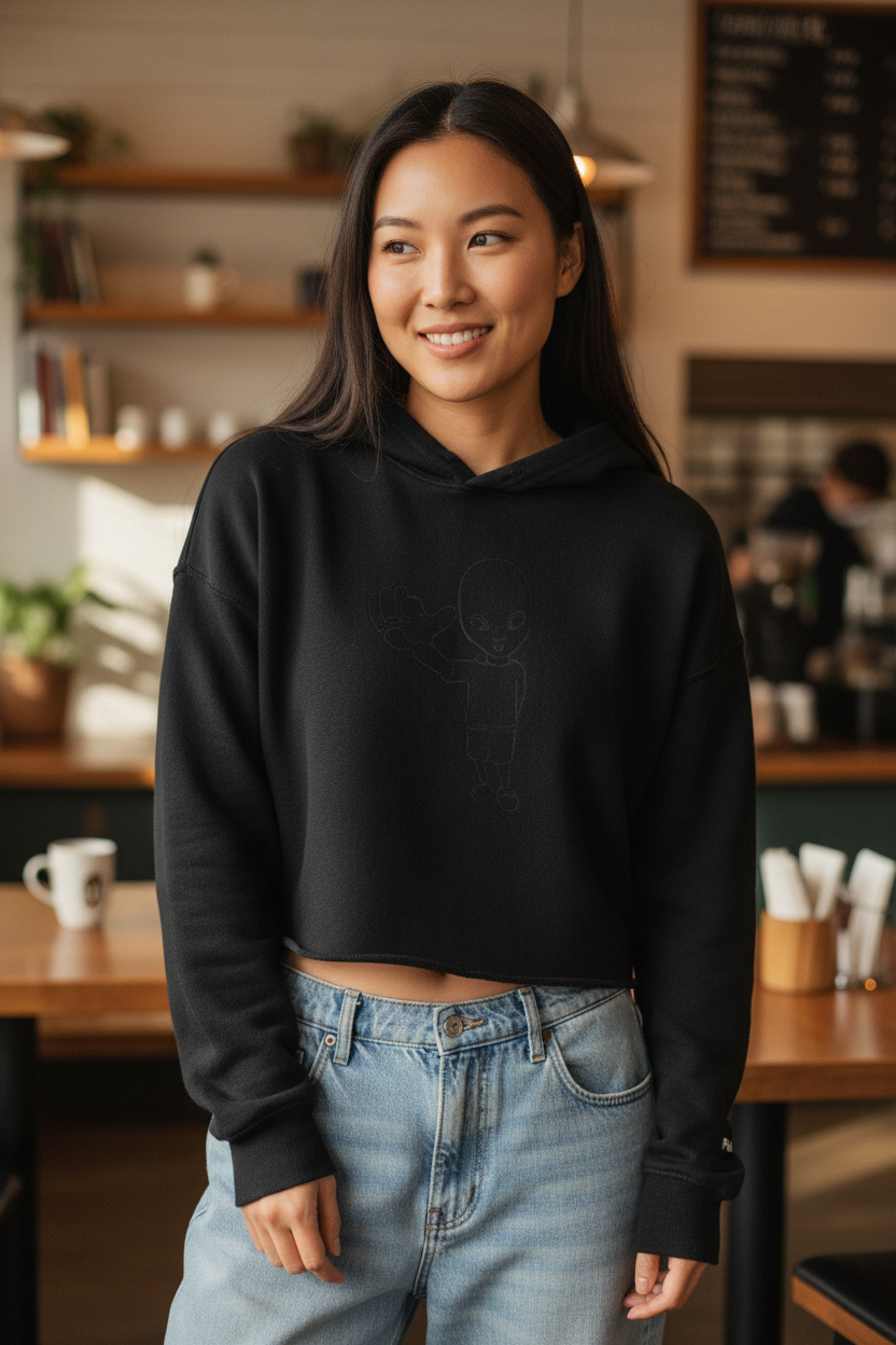 model in black xtra | crop hoodie in coffee shop